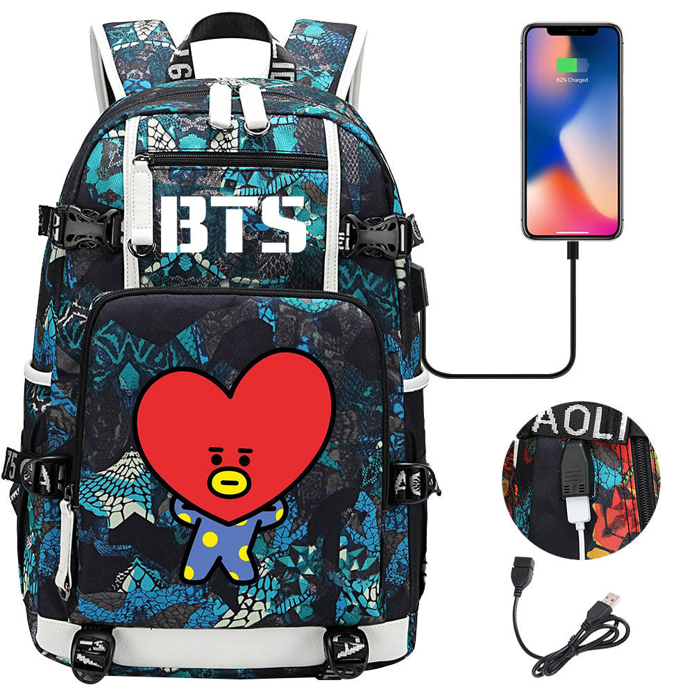 BTS Cartoon TATA USB Charging Backpack School NoteBook Laptop Travel Bags