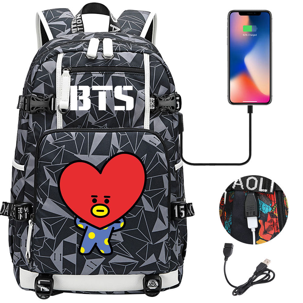 BTS Cartoon TATA USB Charging Backpack School NoteBook Laptop Travel Bags