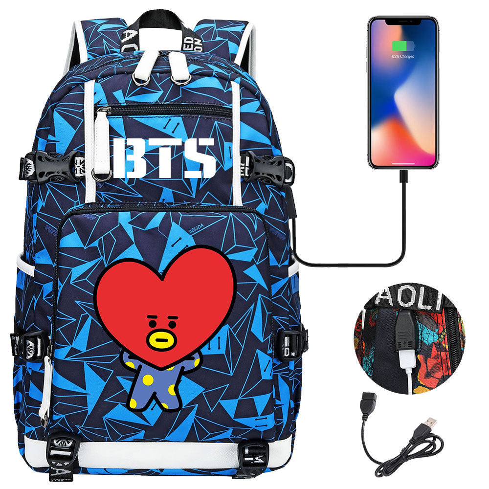 BTS Cartoon TATA USB Charging Backpack School NoteBook Laptop Travel Bags