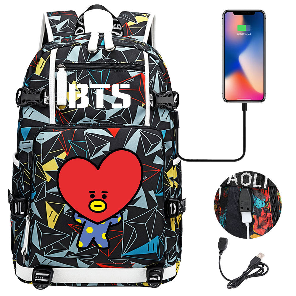 BTS Cartoon TATA USB Charging Backpack School NoteBook Laptop Travel Bags