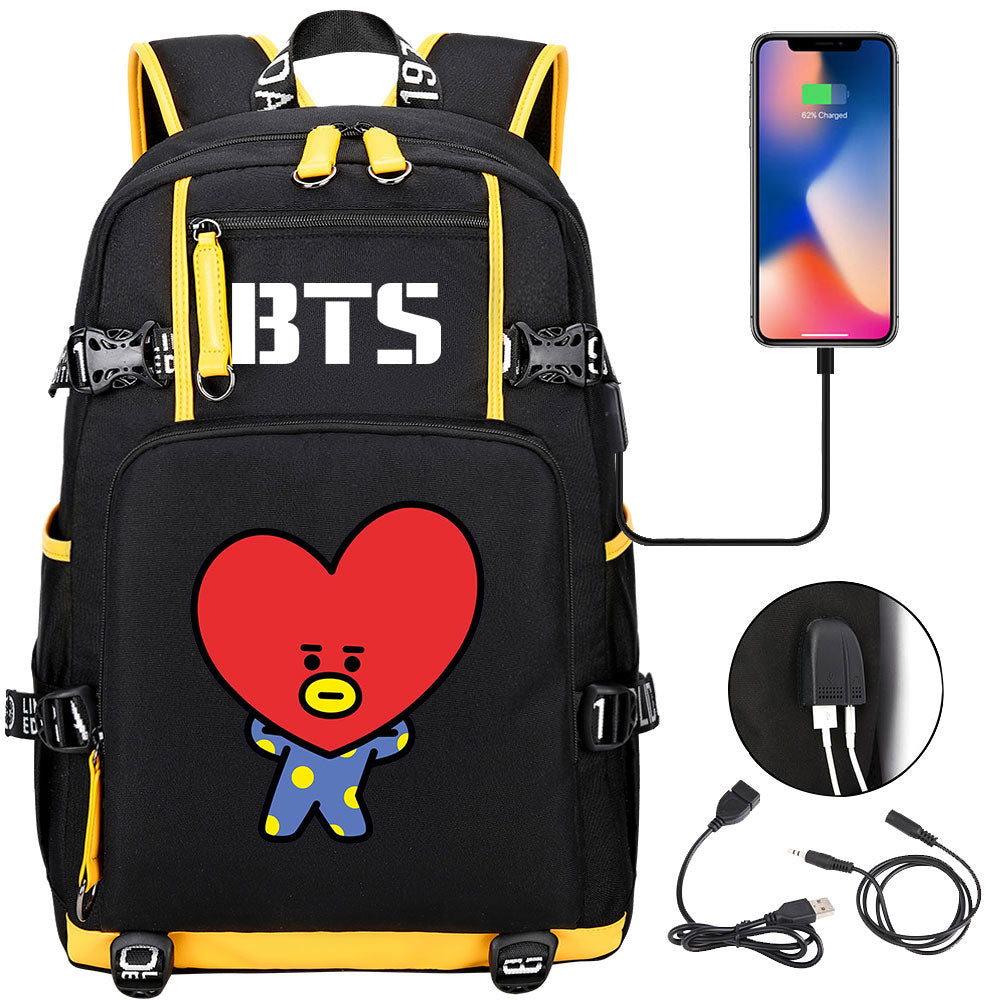 BTS Cartoon TATA USB Charging Backpack School NoteBook Laptop Travel Bags