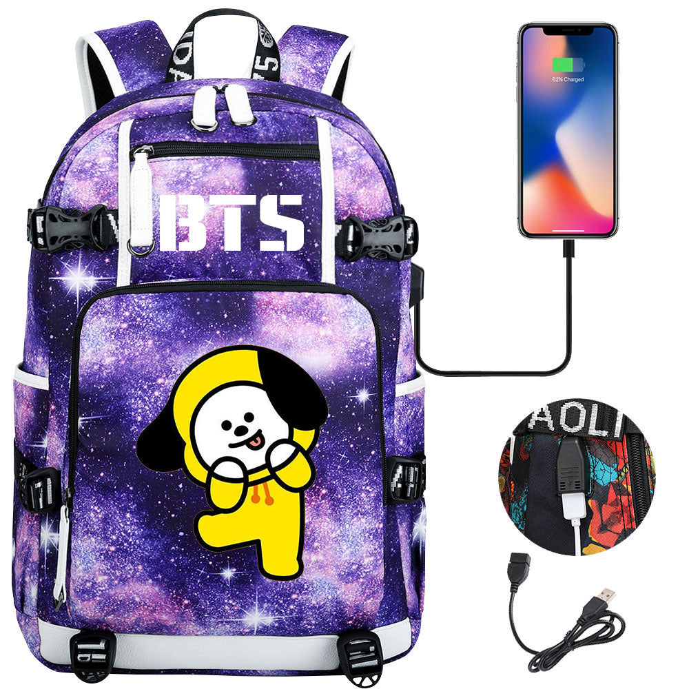BTS Cartoon Chimmy USB Charging Backpack School NoteBook Laptop Travel Bags