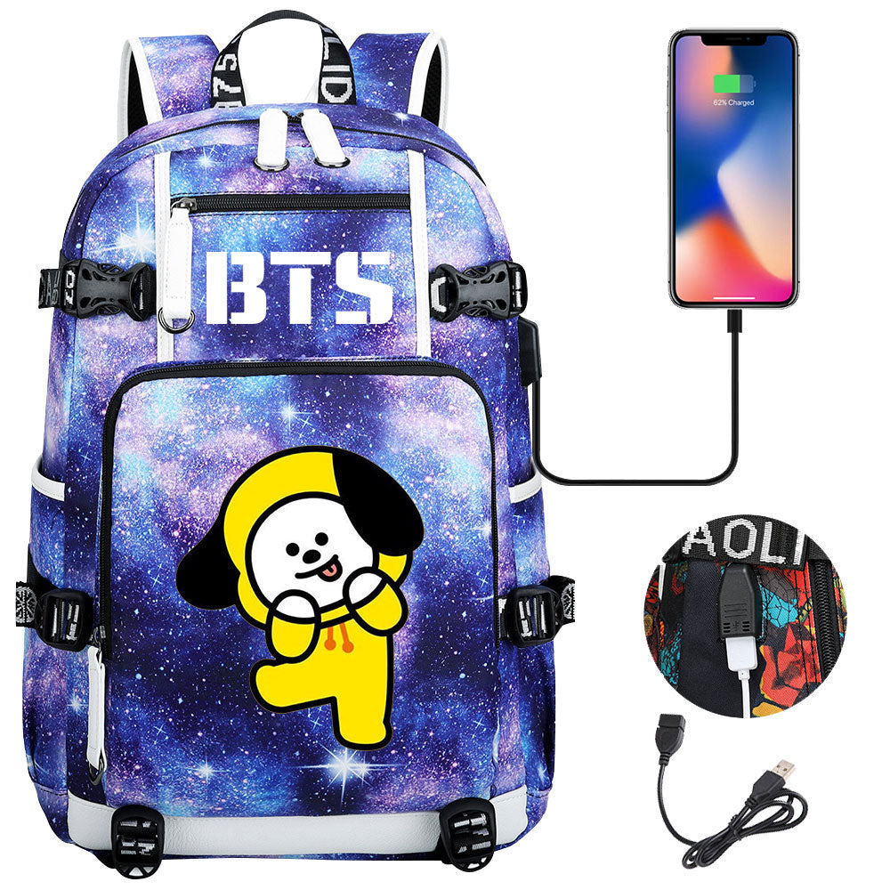 BTS Cartoon Chimmy USB Charging Backpack School NoteBook Laptop Travel Bags