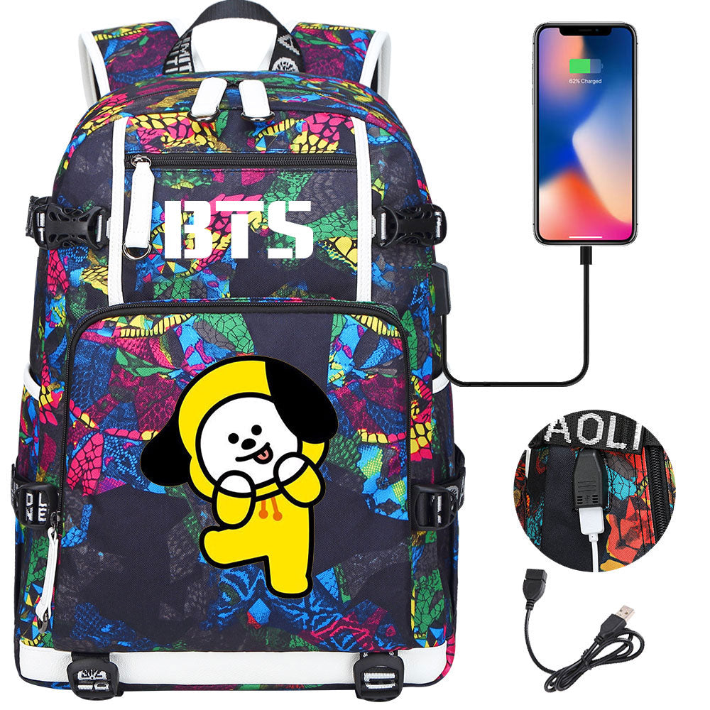 BTS Cartoon Chimmy USB Charging Backpack School NoteBook Laptop Travel Bags