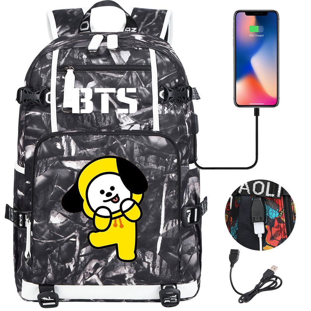 BTS Cartoon Chimmy USB Charging Backpack School NoteBook Laptop Travel Bags