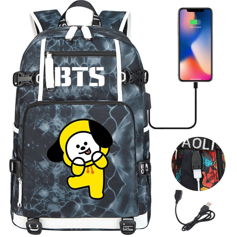 BTS Cartoon Chimmy USB Charging Backpack School NoteBook Laptop Travel Bags