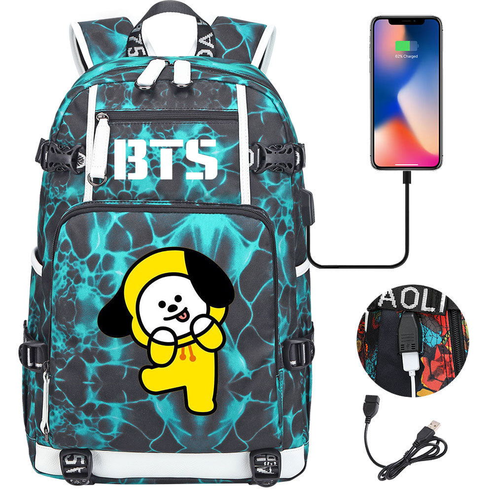 BTS Cartoon Chimmy USB Charging Backpack School NoteBook Laptop Travel Bags