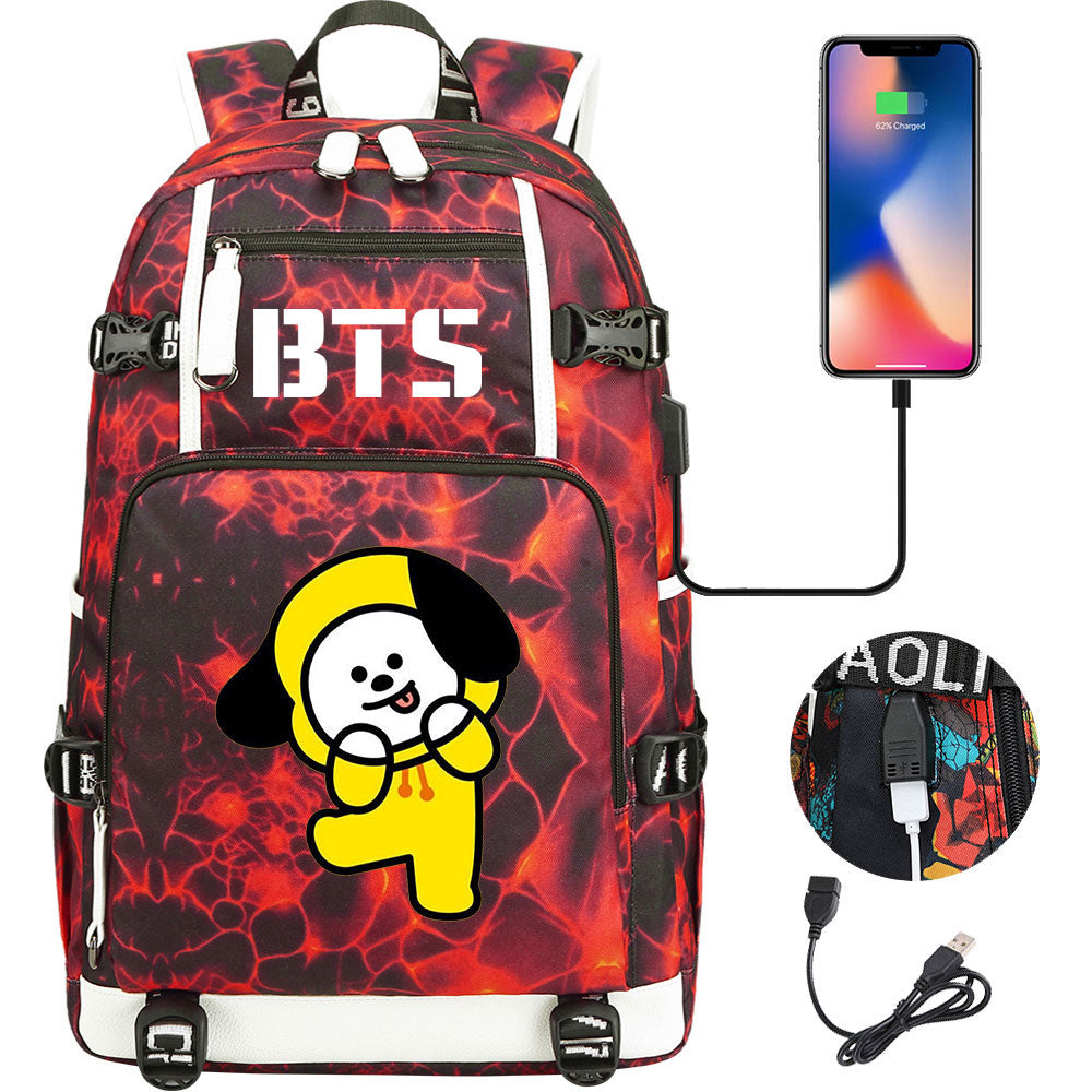 BTS Cartoon Chimmy USB Charging Backpack School NoteBook Laptop Travel Bags