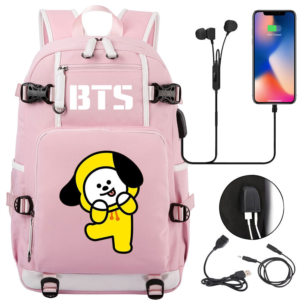 BTS Cartoon Chimmy USB Charging Backpack School NoteBook Laptop Travel Bags