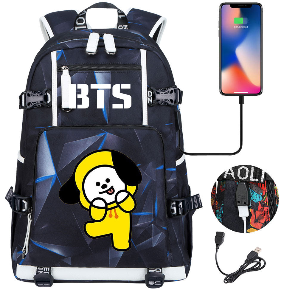 BTS Cartoon Chimmy USB Charging Backpack School NoteBook Laptop Travel Bags