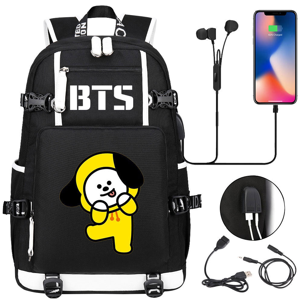 BTS Cartoon Chimmy USB Charging Backpack School NoteBook Laptop Travel Bags