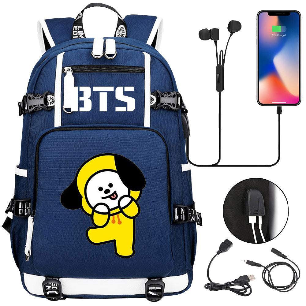 BTS Cartoon Chimmy USB Charging Backpack School NoteBook Laptop Travel Bags
