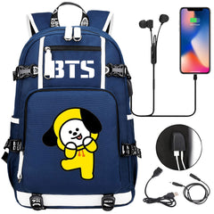 BTS Cartoon Chimmy USB Charging Backpack School NoteBook Laptop Travel Bags