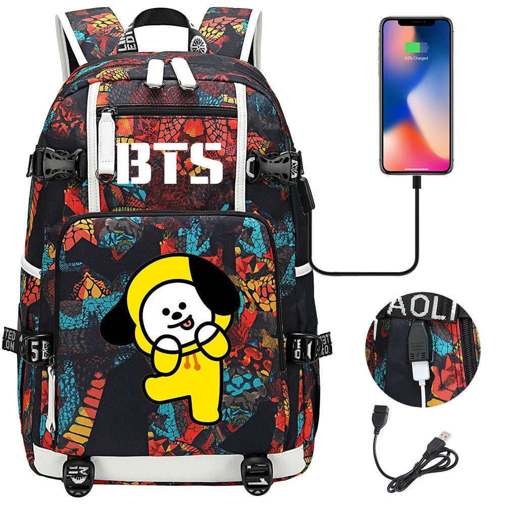 BTS Cartoon Chimmy USB Charging Backpack School NoteBook Laptop Travel Bags