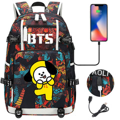 BTS Cartoon Chimmy USB Charging Backpack School NoteBook Laptop Travel Bags