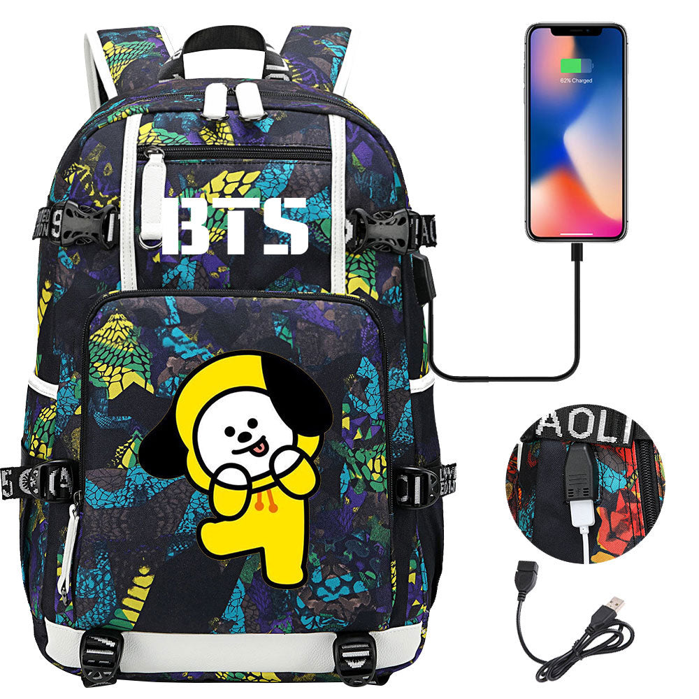 BTS Cartoon Chimmy USB Charging Backpack School NoteBook Laptop Travel Bags