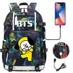 BTS Cartoon Chimmy USB Charging Backpack School NoteBook Laptop Travel Bags