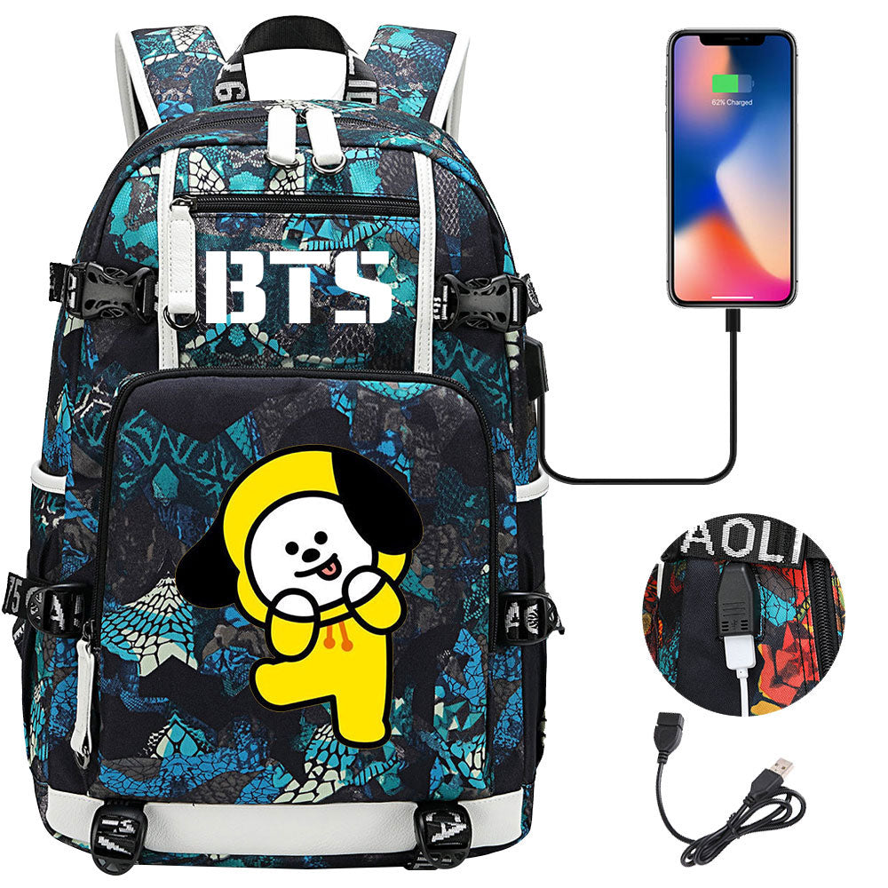BTS Cartoon Chimmy USB Charging Backpack School NoteBook Laptop Travel Bags