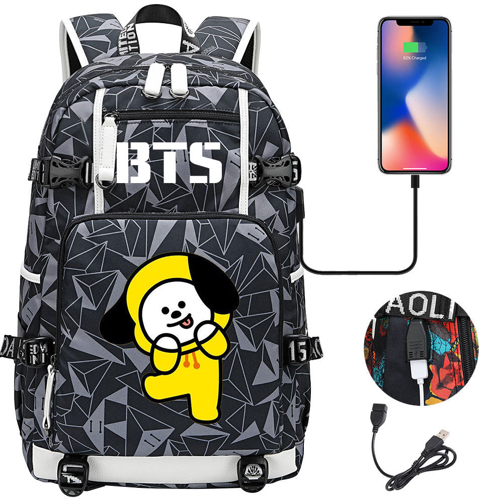 BTS Cartoon Chimmy USB Charging Backpack School NoteBook Laptop Travel Bags
