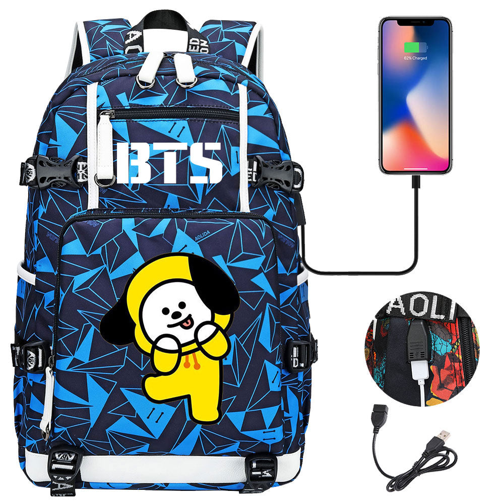 BTS Cartoon Chimmy USB Charging Backpack School NoteBook Laptop Travel Bags