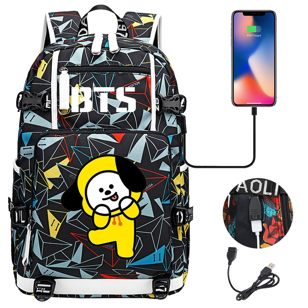 BTS Cartoon Chimmy USB Charging Backpack School NoteBook Laptop Travel Bags