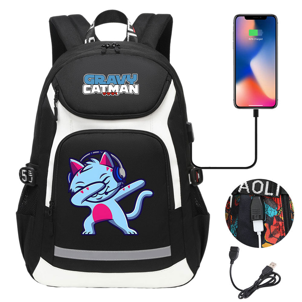 Gravy Cat Man USB Charging Backpack School NoteBook Laptop Travel Bags