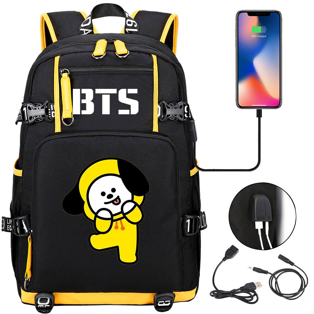 BTS Cartoon Chimmy USB Charging Backpack School NoteBook Laptop Travel Bags