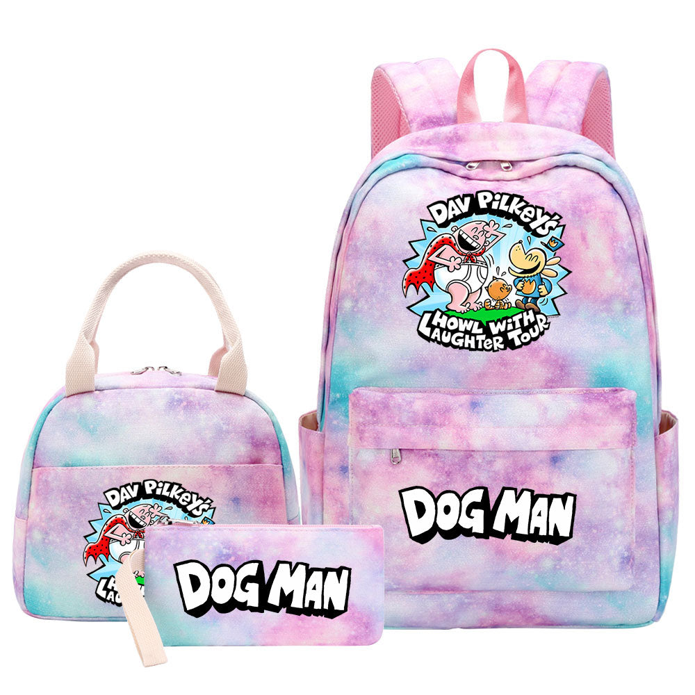 Dog Man Pink Starry Sky SchoolBag Backpack Lunch Box Bag Book Pencil Bags 3pcs Set