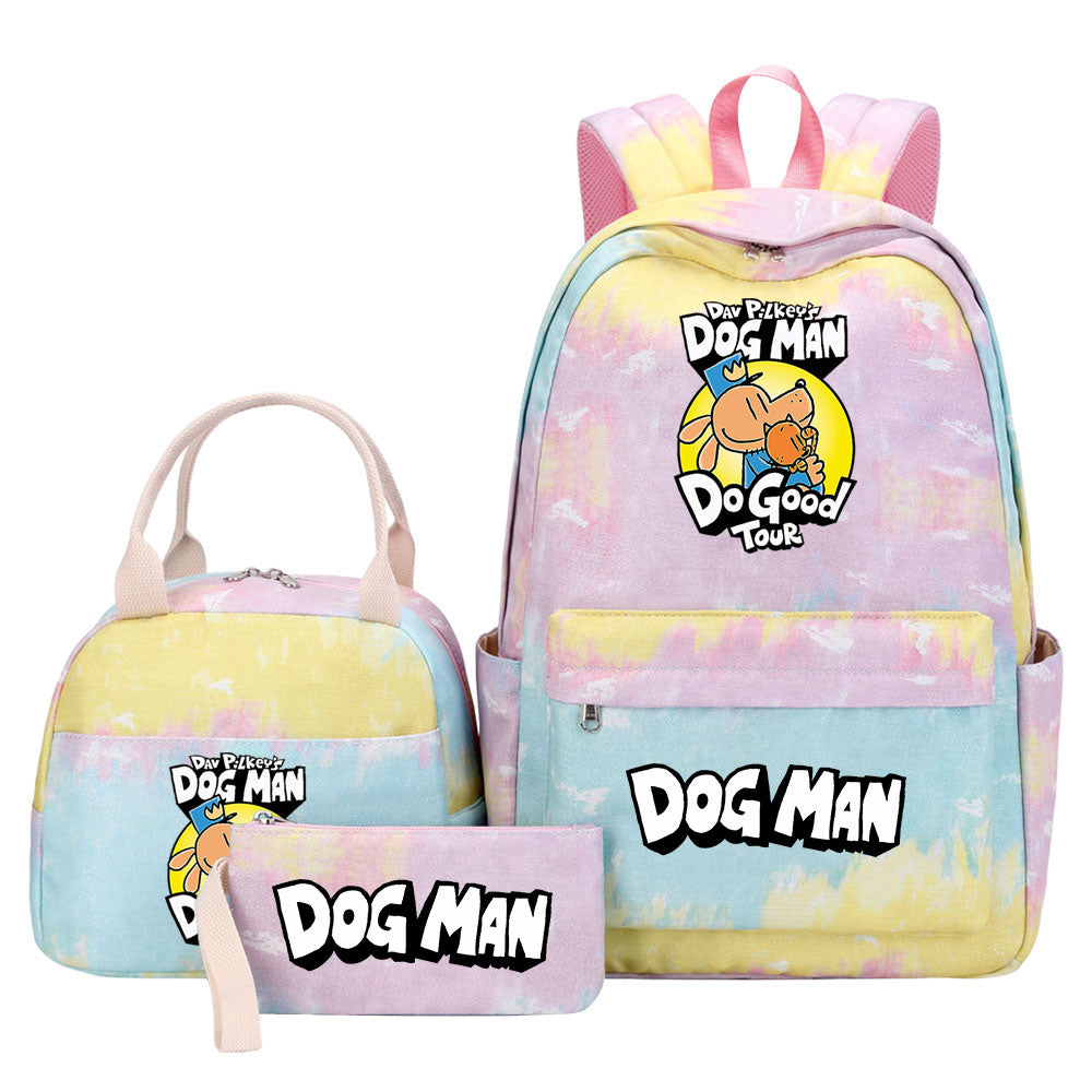 Dog Man Pink Starry Sky SchoolBag Backpack Lunch Box Bag Book Pencil Bags 3pcs Set