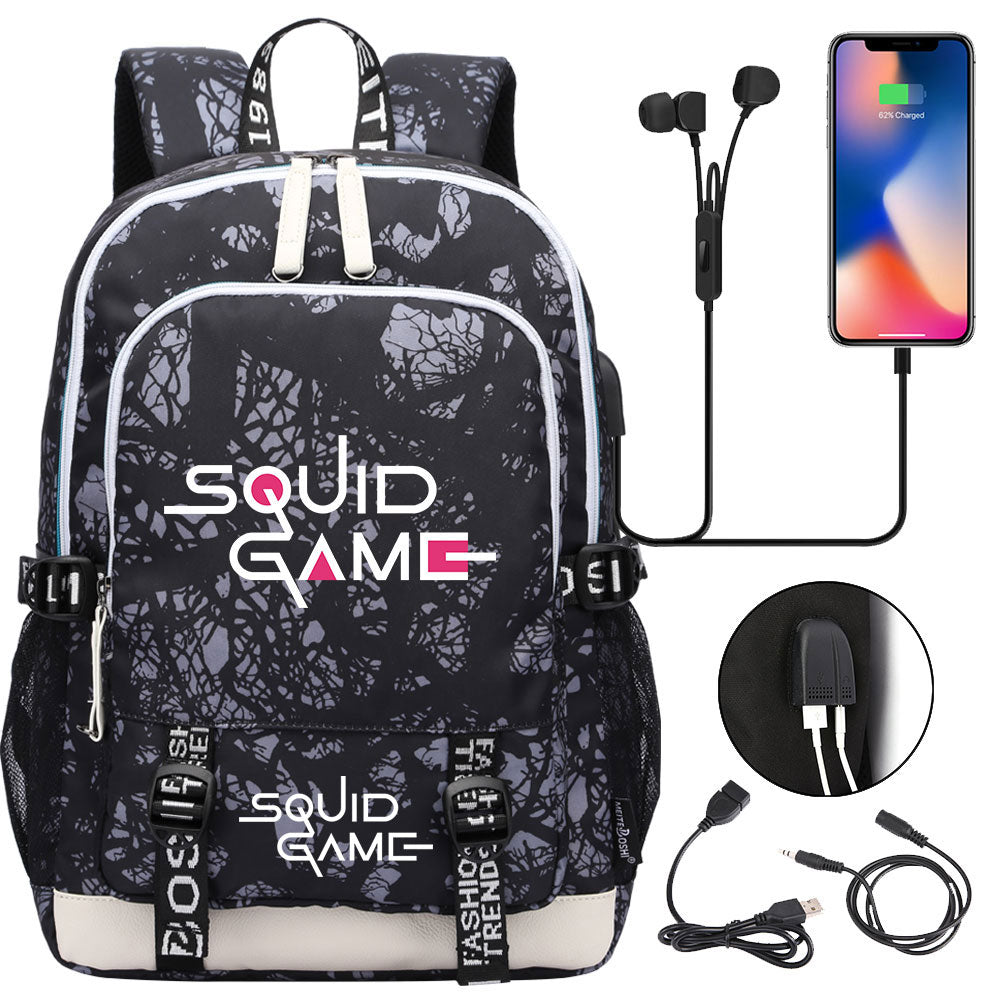 Squid Game USB Charging Backpack School Note Book Laptop Travel Bags