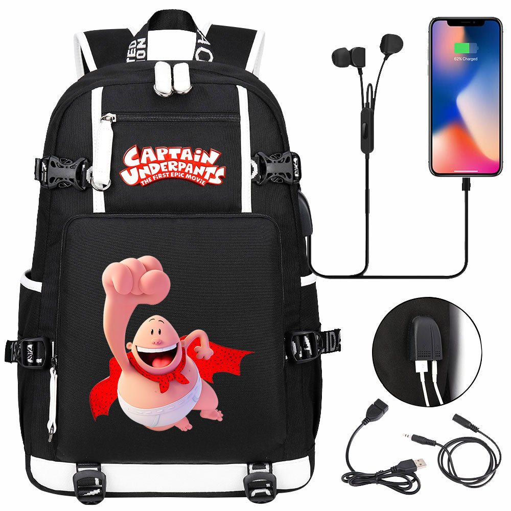 Captain Underpants USB Charging Backpack School NoteBook Laptop Travel Bags