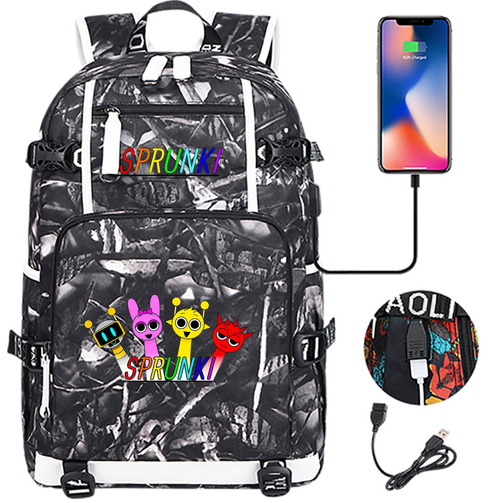 Sprunki USB Charging Backpack School NoteBook Laptop Travel Bags