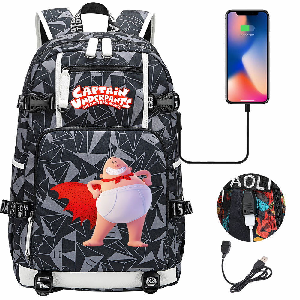Captain Underpants USB Charging Backpack School NoteBook Laptop Travel Bags