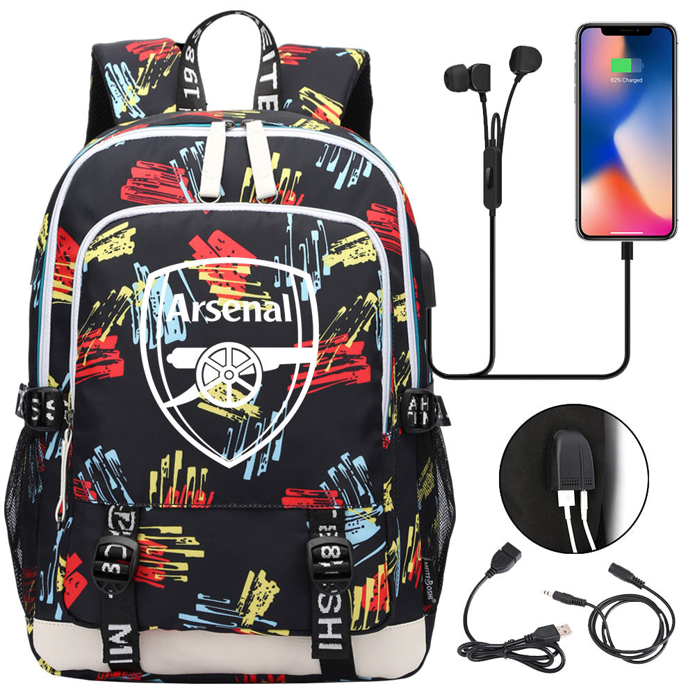 Arsenal Football Club USB Charging Backpack School Note Book Laptop Travel Bags