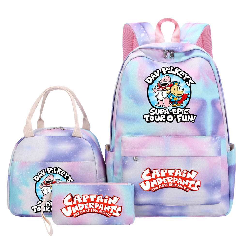 Captain Underpants Pink Starry Sky SchoolBag Backpack Lunch Box Bag Book Pencil Bags 3pcs Set