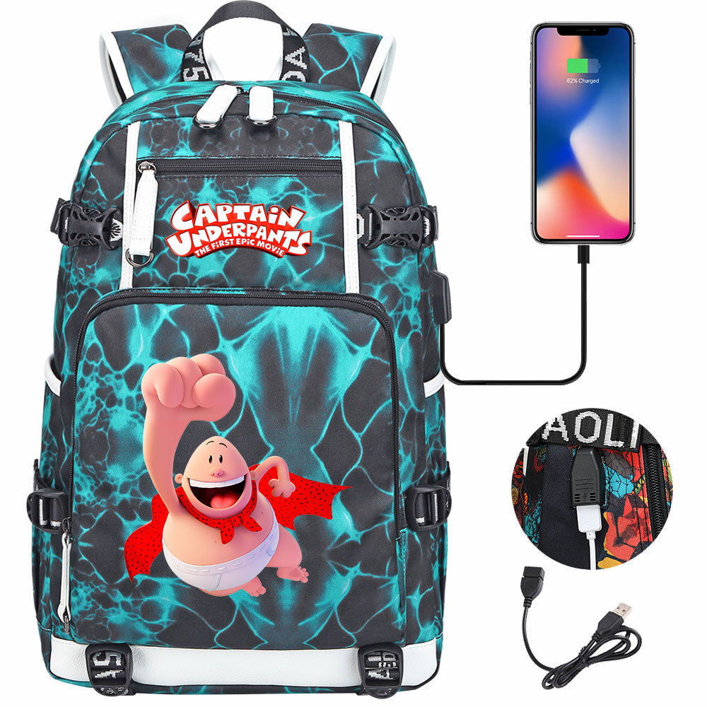 Captain Underpants USB Charging Backpack School NoteBook Laptop Travel Bags