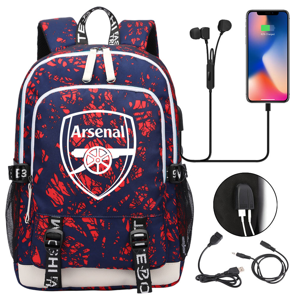 Arsenal Football Club USB Charging Backpack School Note Book Laptop Travel Bags