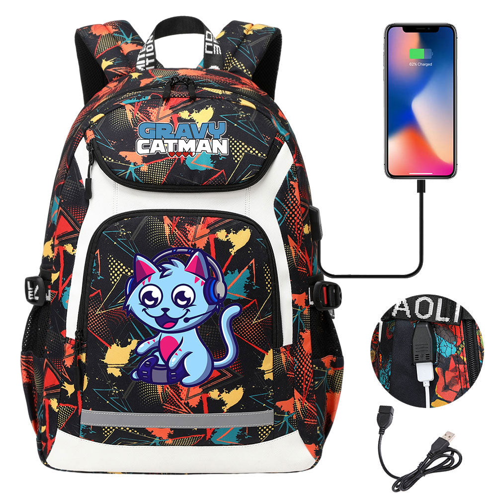 Gravy Cat Man USB Charging Backpack School NoteBook Laptop Travel Bags