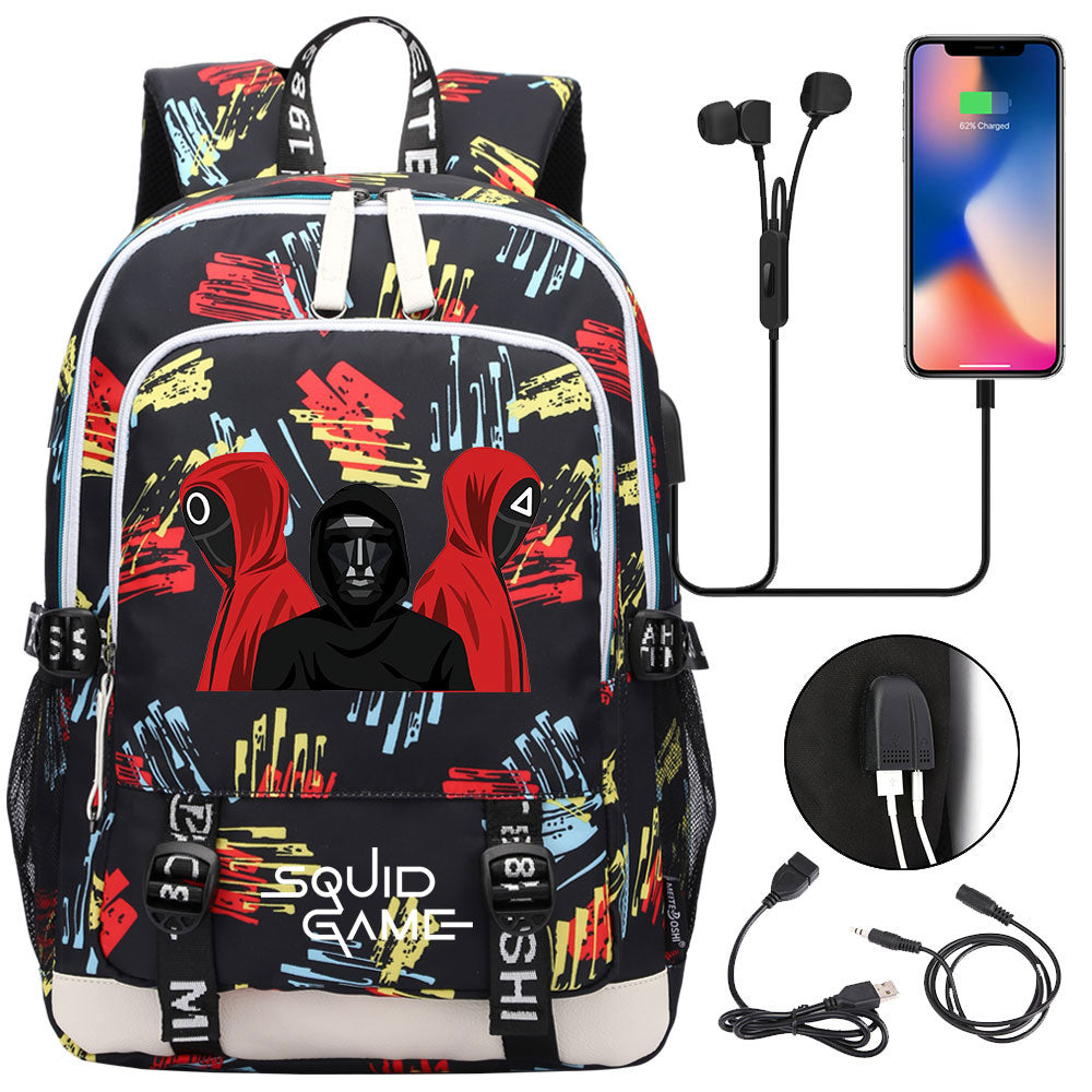 Squid Game USB Charging Backpack School Note Book Laptop Travel Bags