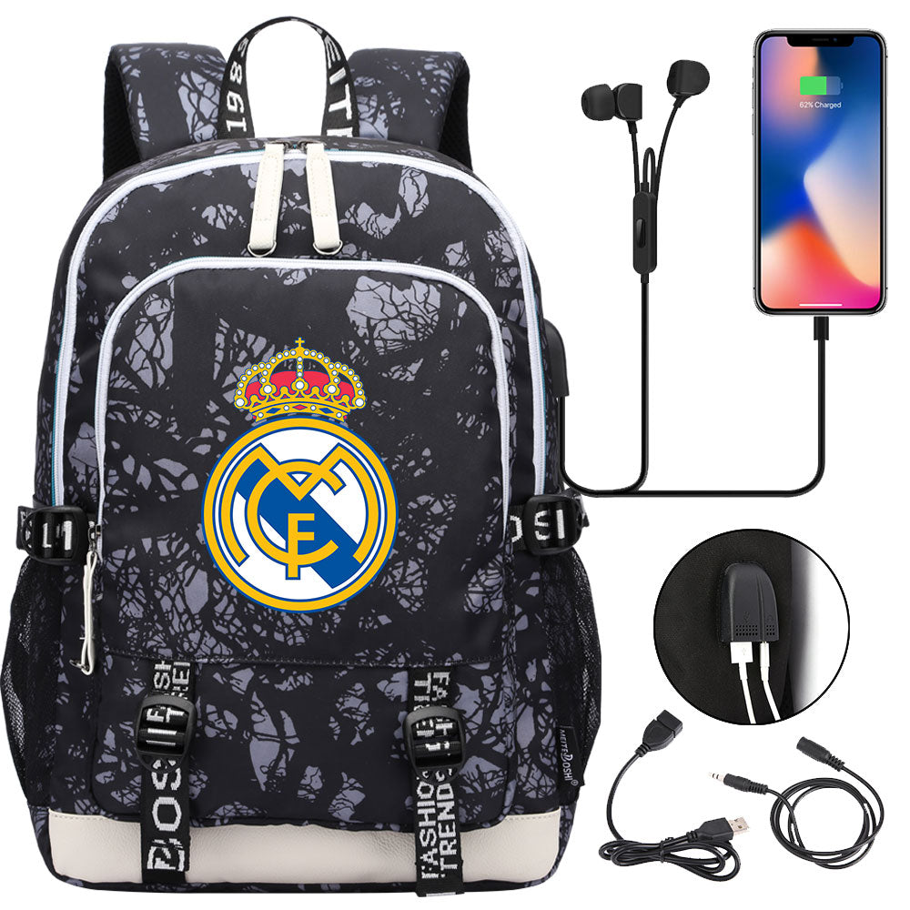 Real Madrid Football Club USB Charging Backpack School Note Book Laptop Travel Bags