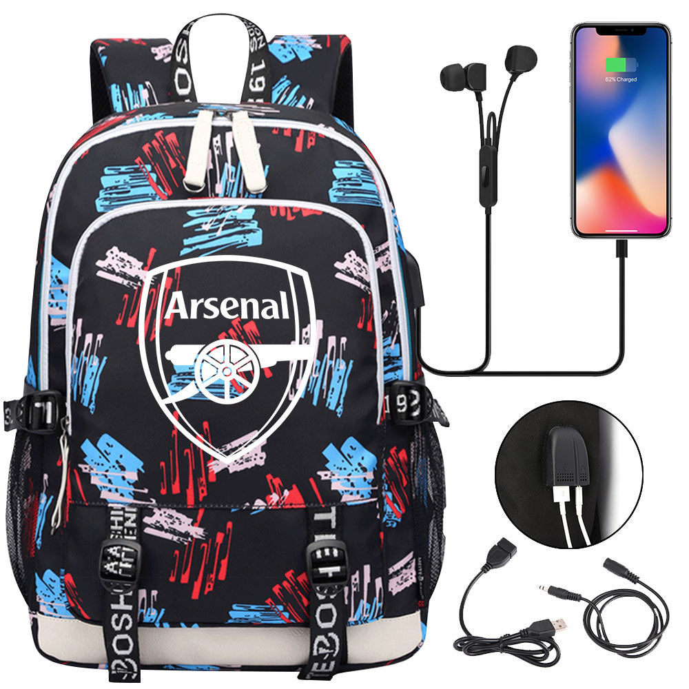 Arsenal Football Club USB Charging Backpack School Note Book Laptop Travel Bags