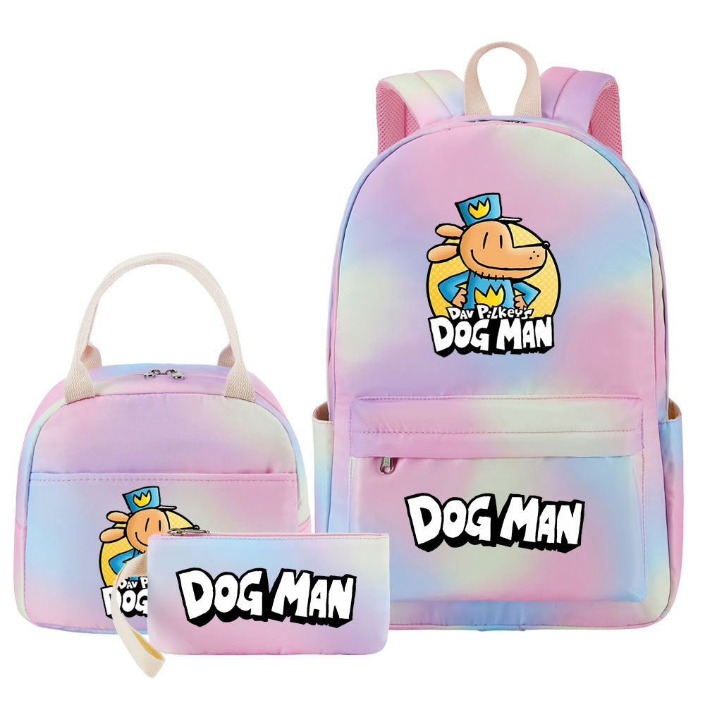 Dog Man Pink Starry Sky SchoolBag Backpack Lunch Box Bag Book Pencil Bags 3pcs Set