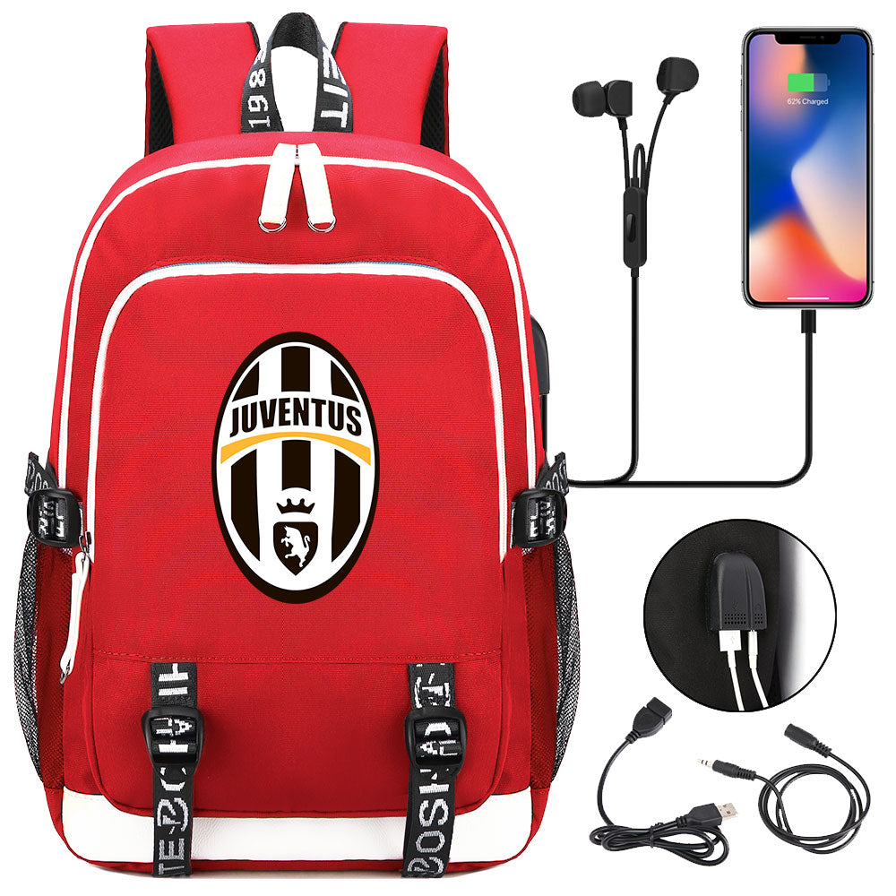 Juventus Football Club USB Charging Backpack School Note Book Laptop Travel Bags