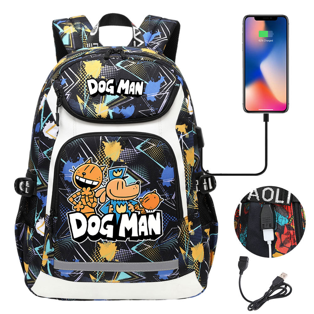 Dog Man USB Charging Backpack School NoteBook Laptop Travel Bags