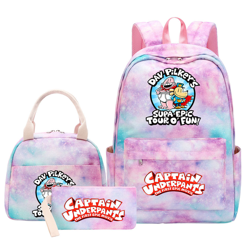 Captain Underpants Pink Starry Sky SchoolBag Backpack Lunch Box Bag Book Pencil Bags 3pcs Set