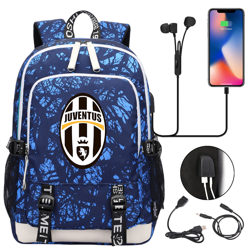 Juventus Football Club USB Charging Backpack School Note Book Laptop Travel Bags