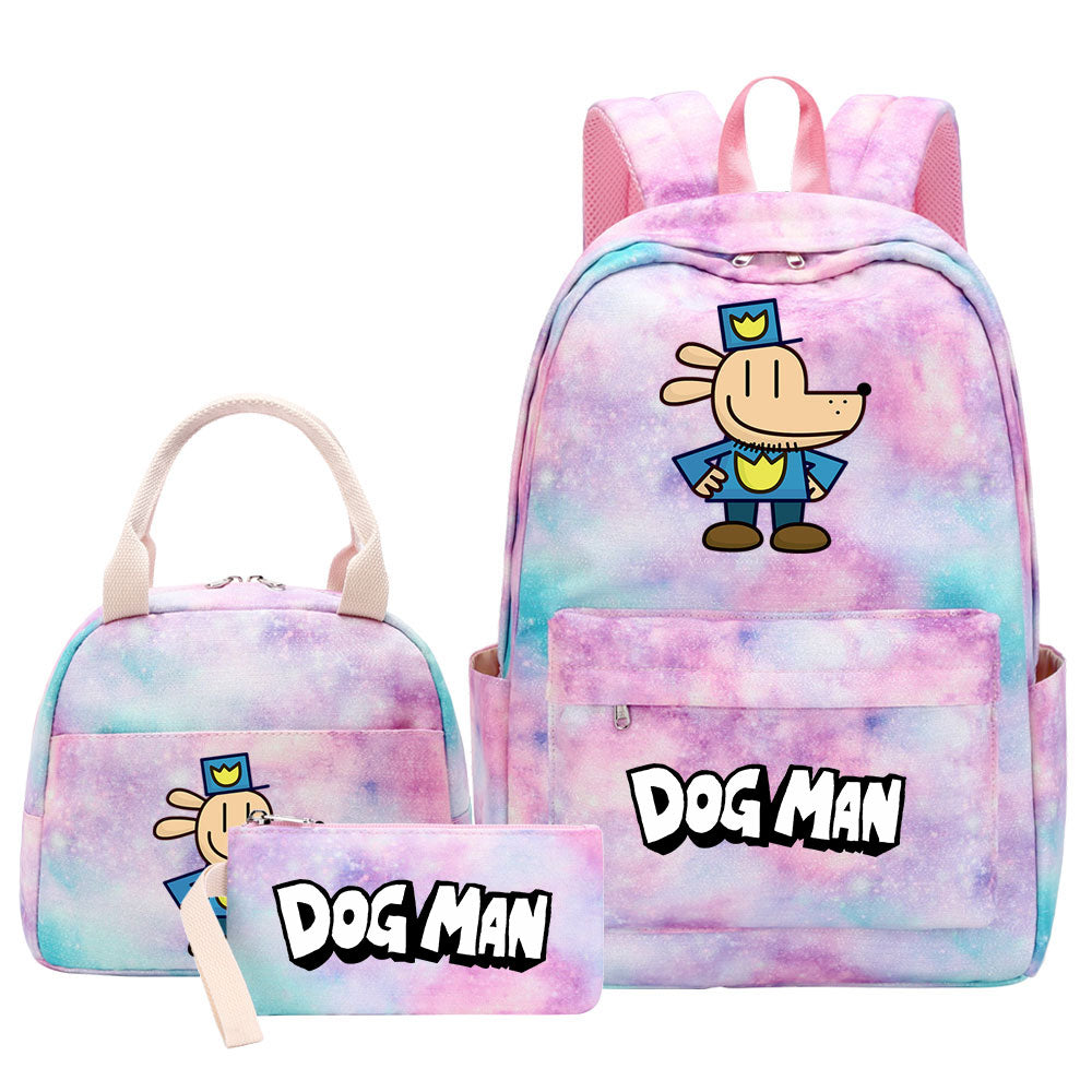 Dog Man Pink Starry Sky SchoolBag Backpack Lunch Box Bag Book Pencil Bags 3pcs Set