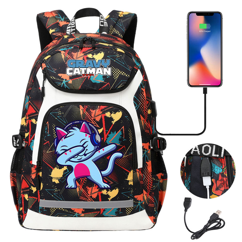 Gravy Cat Man USB Charging Backpack School NoteBook Laptop Travel Bags