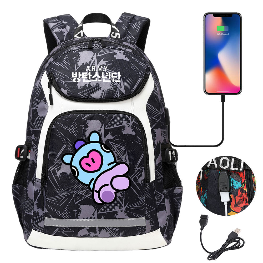 Kpop BTS Mang USB Charging Backpack School NoteBook Laptop Travel Bags