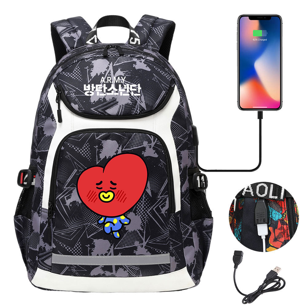 Kpop BTS TATA USB Charging Backpack School NoteBook Laptop Travel Bags